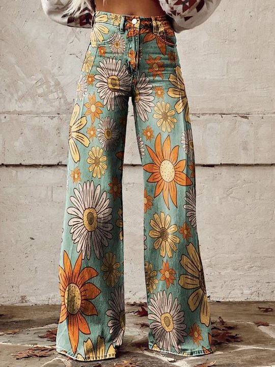 Damen Weite Vintage Jeans mit Blumenmuster - Vintage grün