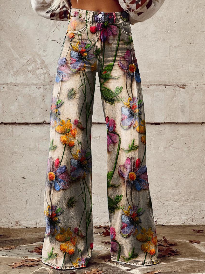 Damen Weite Vintage Jeans mit Blumenmuster - View 12