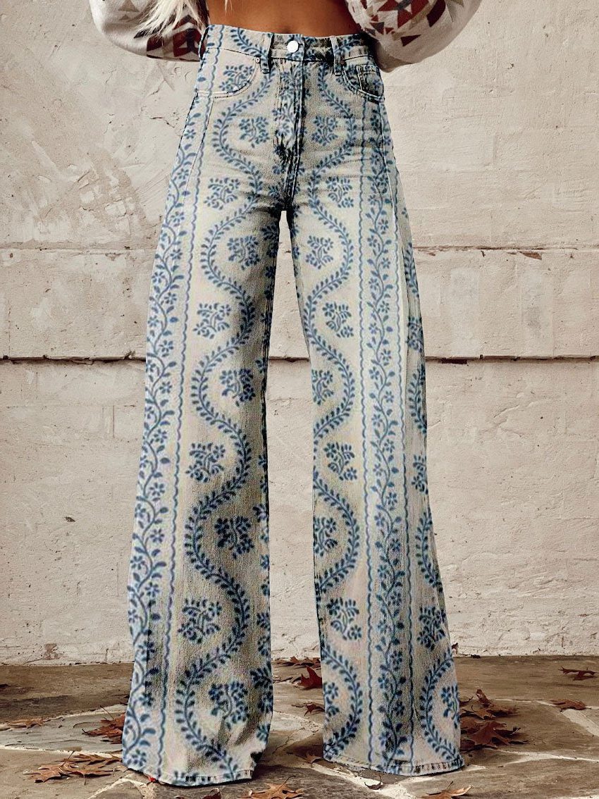 Damen Weite Vintage Jeans mit Blumenmuster - Blaue Streifen