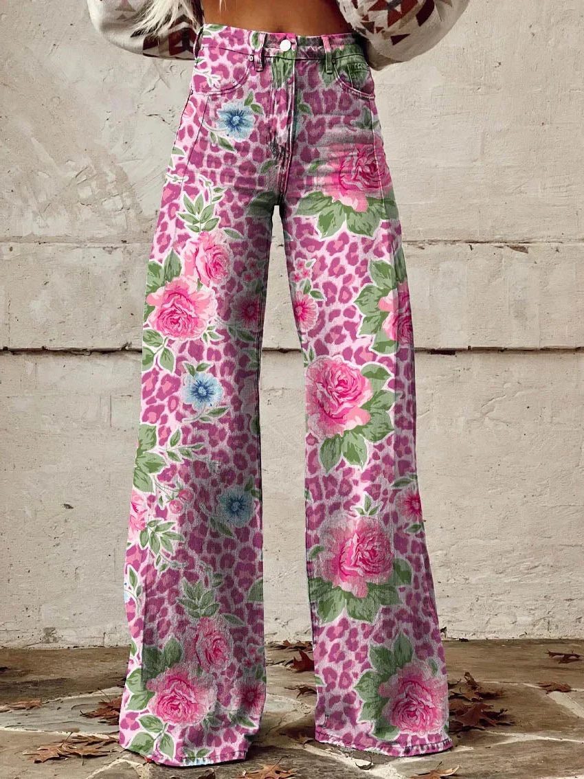 Damen Weite Vintage Jeans mit Blumenmuster - Rosa Blumen