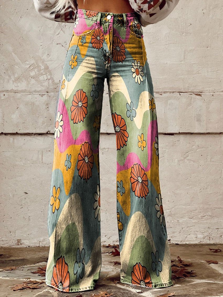 Damen Weite Vintage Jeans mit Blumenmuster - Hippie