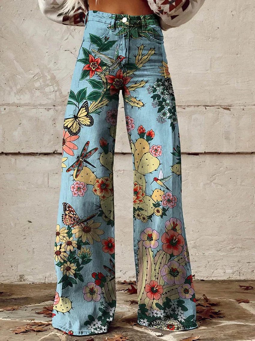 Damen Weite Vintage Jeans mit Blumenmuster - Blau