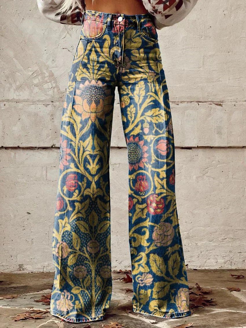 Damen Weite Vintage Jeans mit Blumenmuster - Gelb