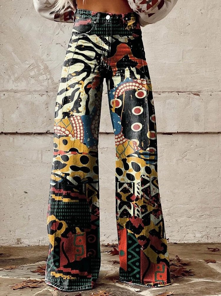 Damen Weite Vintage Jeans mit Blumenmuster - Schwarz