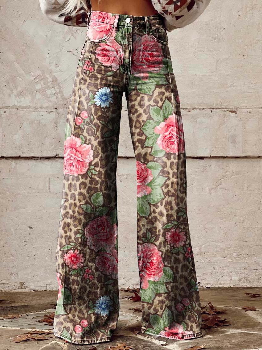 Damen Weite Vintage Jeans mit Blumenmuster - Panther