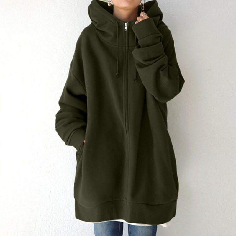 Damen Oversized Kapuzenpullover mit Reissverschluss - Grün