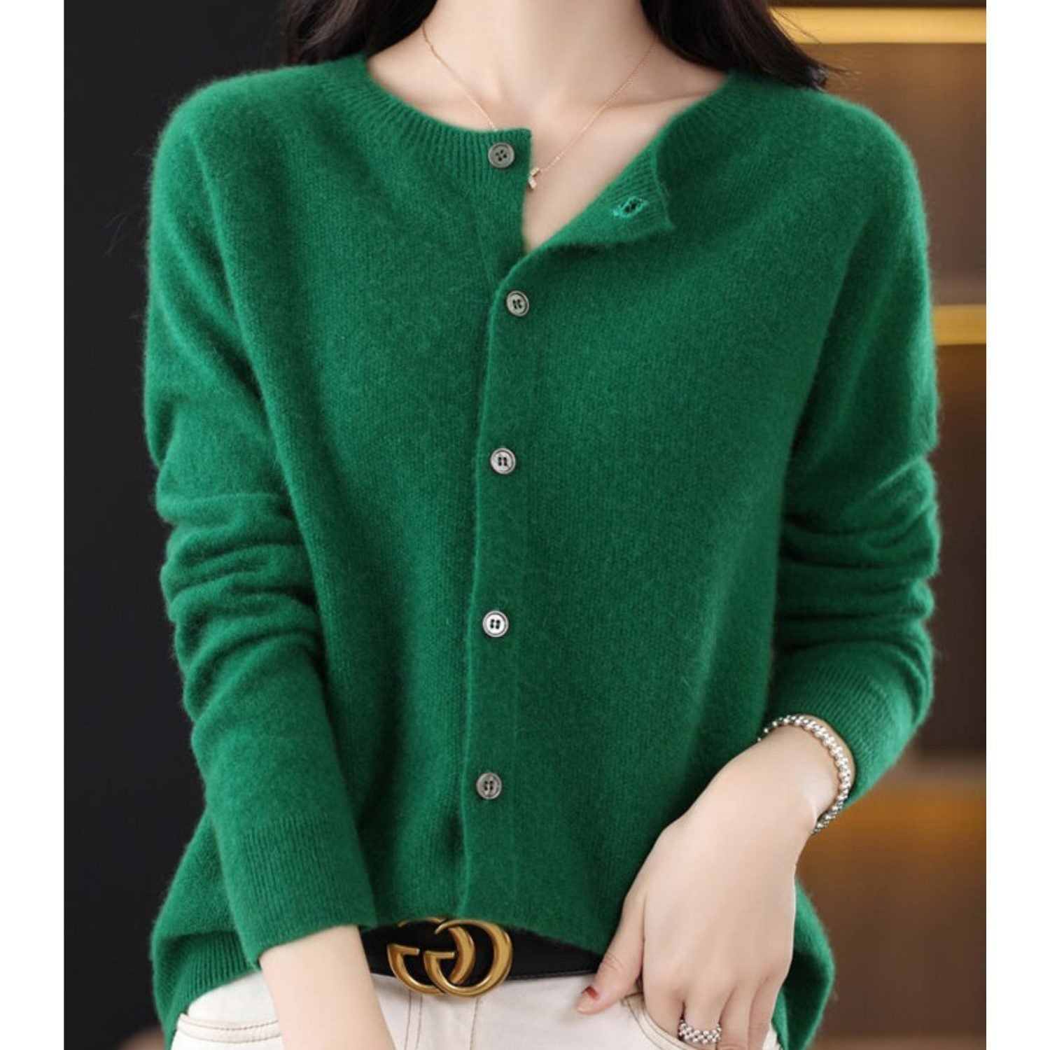 Damen Cardigan mit Knopfleiste und Rundhals - Dunkelgrün