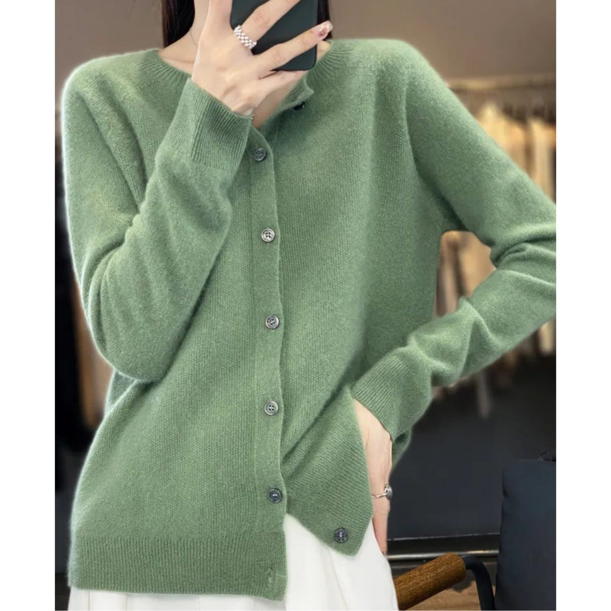 Damen Cardigan mit Knopfleiste und Rundhals - Hellgrün