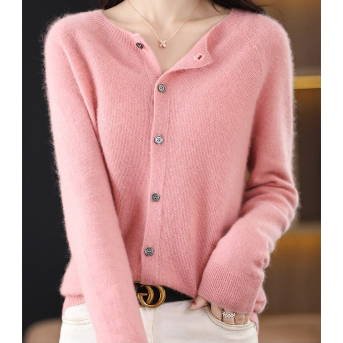 Damen Cardigan mit Knopfleiste und Rundhals
