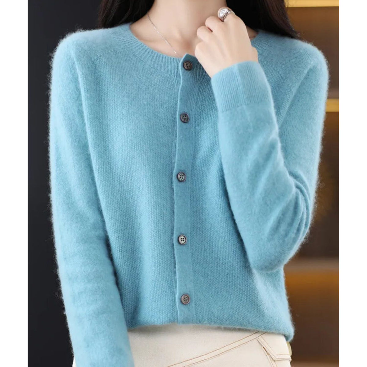 Damen Cardigan mit Knopfleiste und Rundhals - Helltürkis