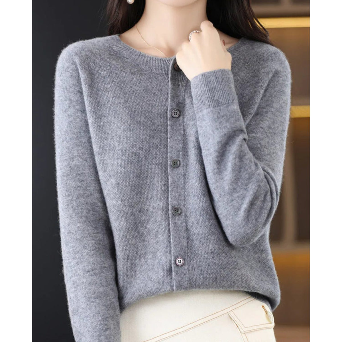 Damen Cardigan mit Knopfleiste und Rundhals - Grau