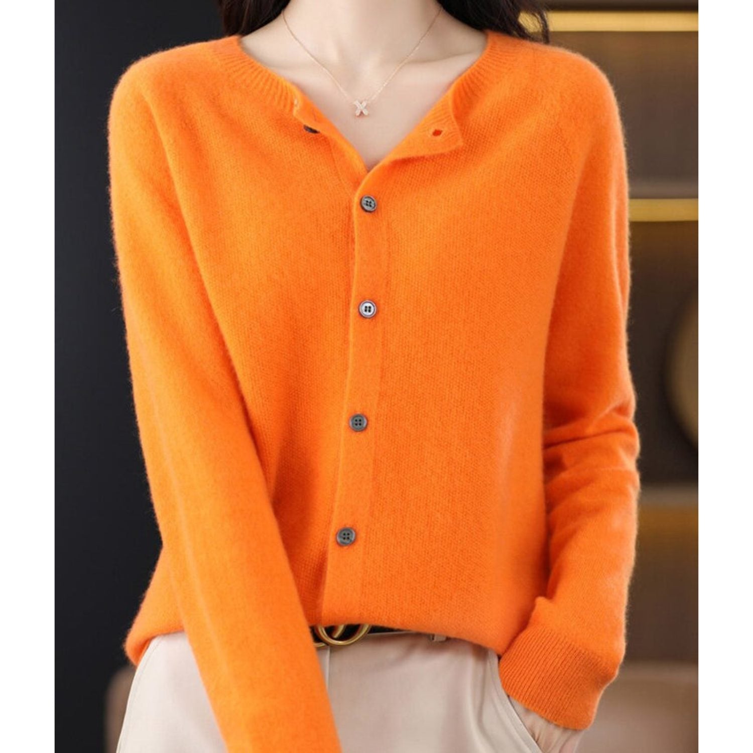 Damen Cardigan mit Knopfleiste und Rundhals - Orange