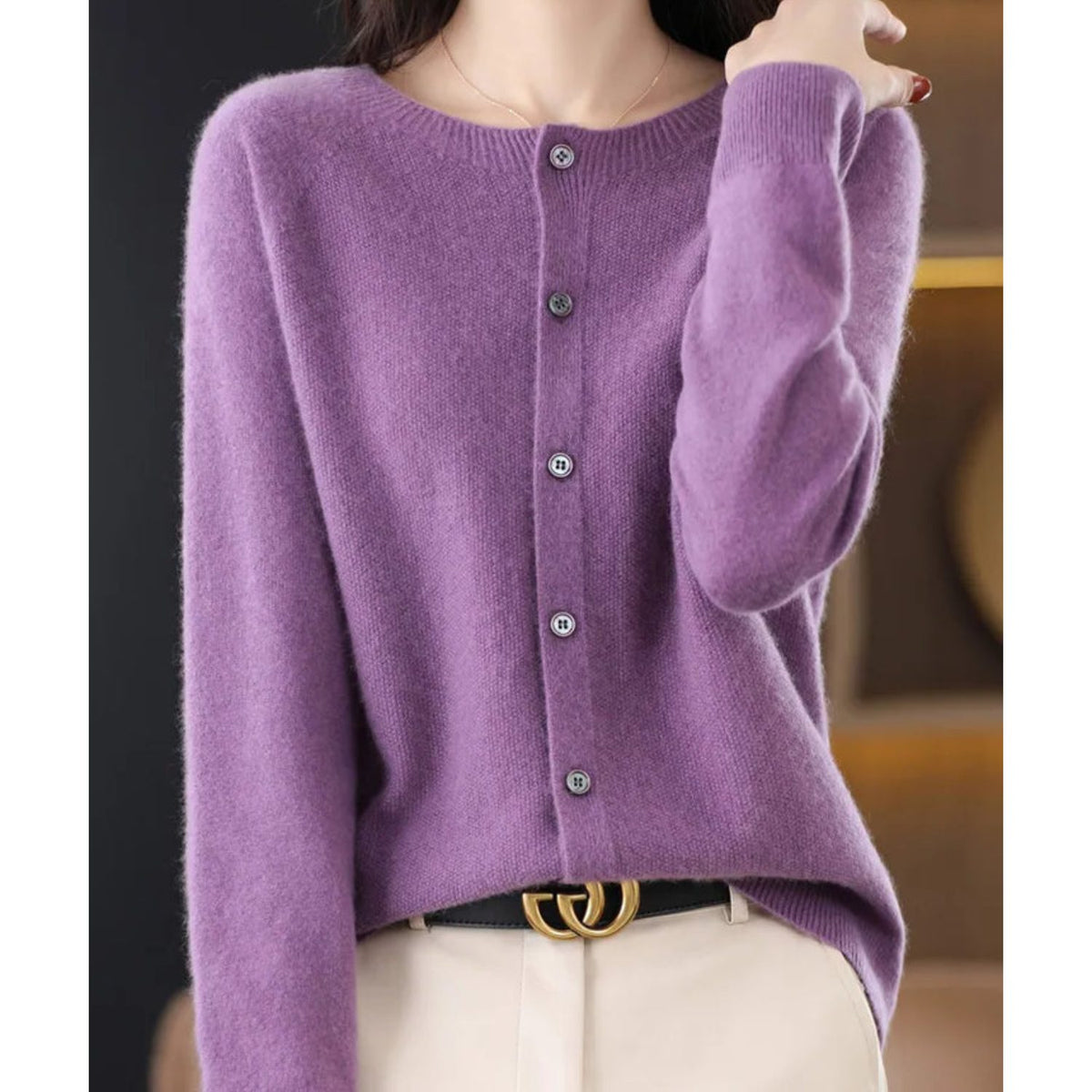Damen Cardigan mit Knopfleiste und Rundhals - Lila