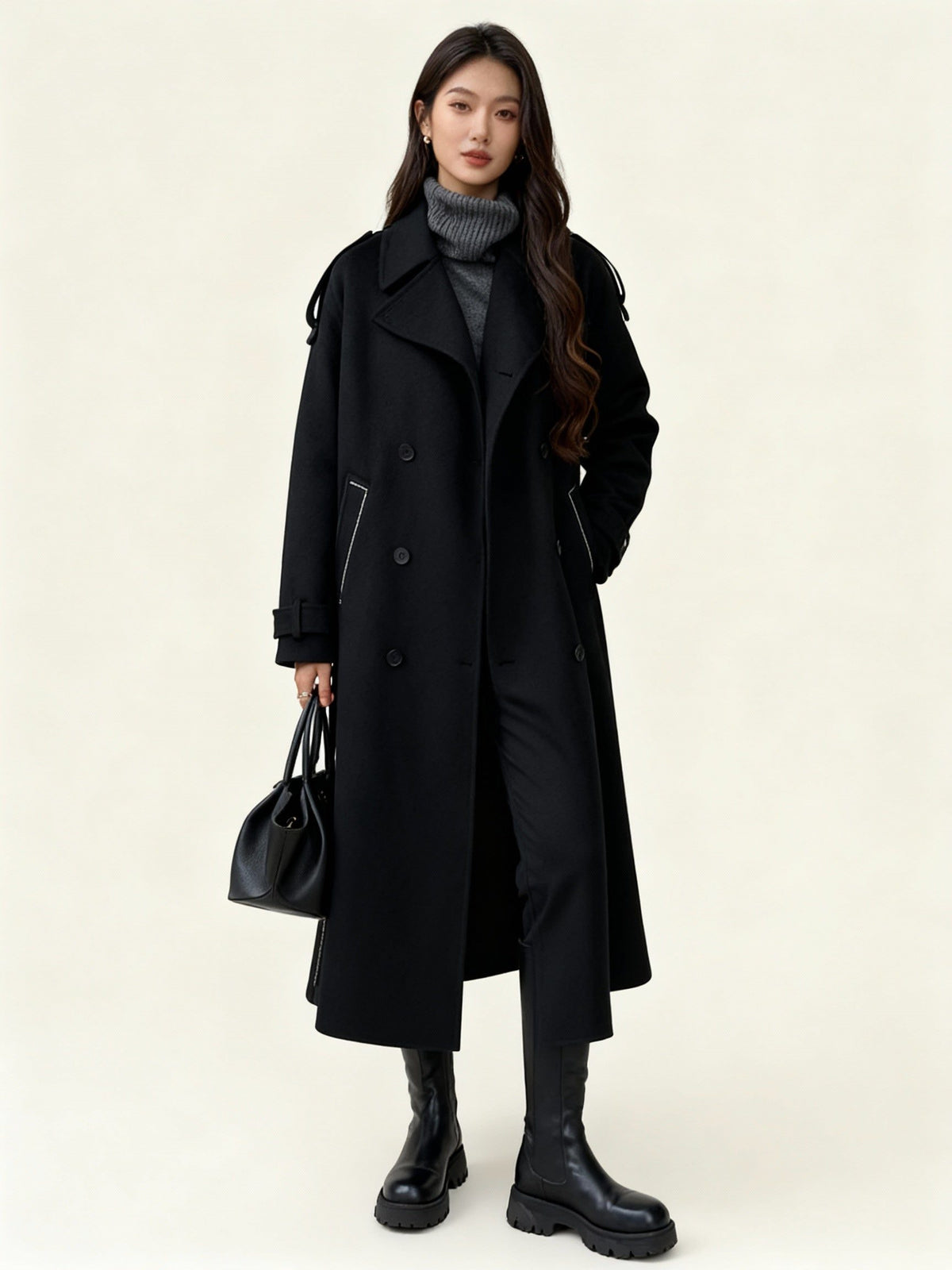 Damen Trenchcoat mit Reverskragen und Knopfdetails - Schwarz