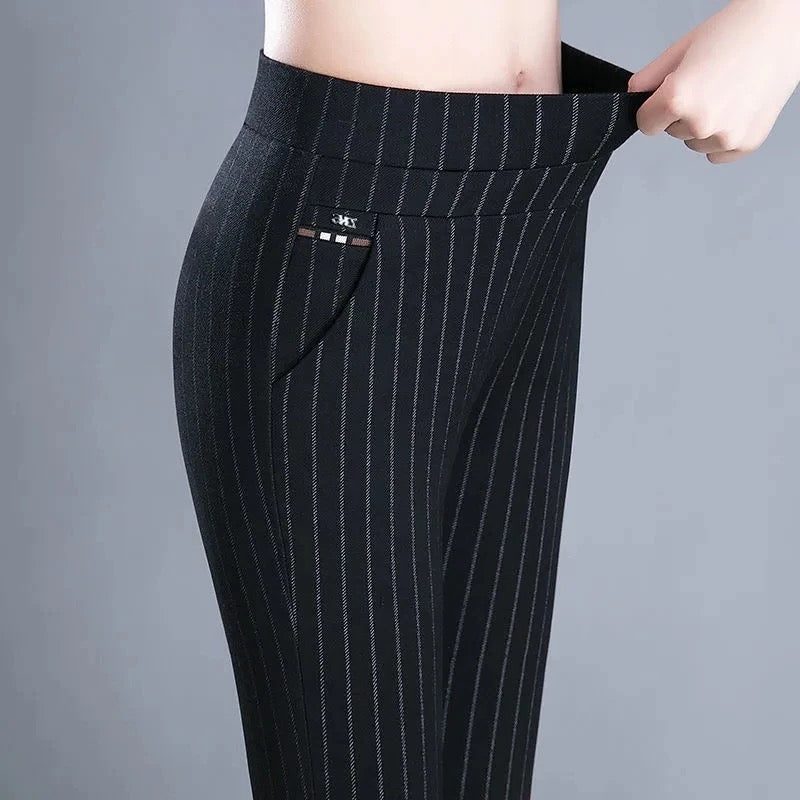 Damen Hohe Taille Dehnbare Hose - Schwarz mit weissen Streifen