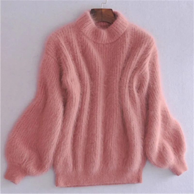 Damen Oversized Strickpullover mit Rollkragen - Rosa