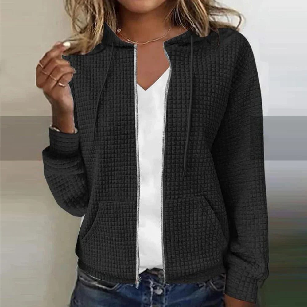 Damen Karierte Strickjacke mit Reissverschluss - Schwarz
