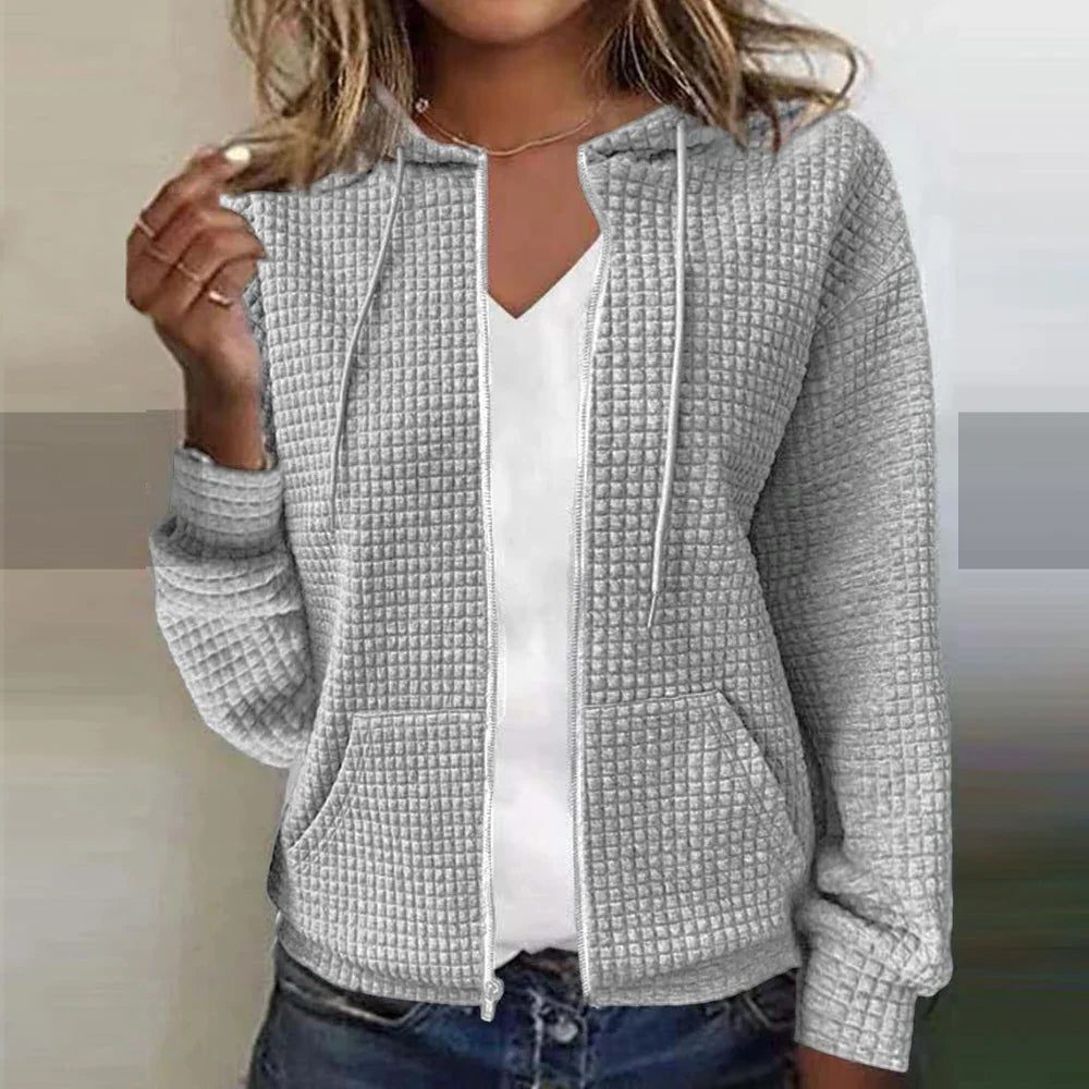 Damen Karierte Strickjacke mit Reissverschluss - Grau