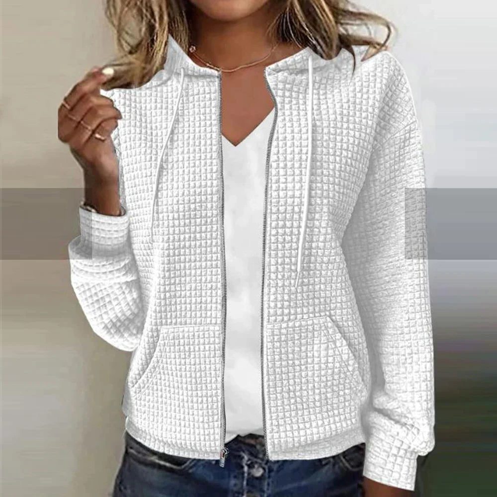 Damen Karierte Strickjacke mit Reissverschluss - Weiss