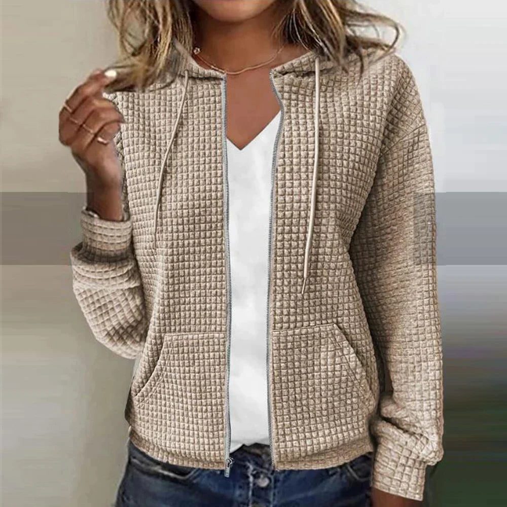 Damen Karierte Strickjacke mit Reissverschluss - Khaki