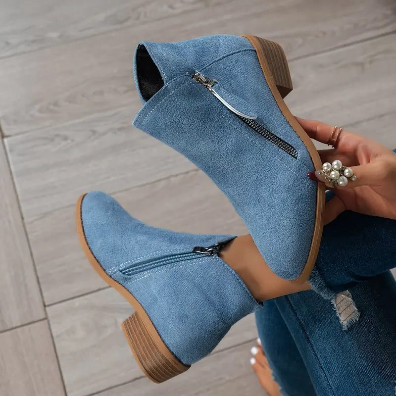 Damen Stiefeletten mit Reissverschluss und Blockabsatz - Blau