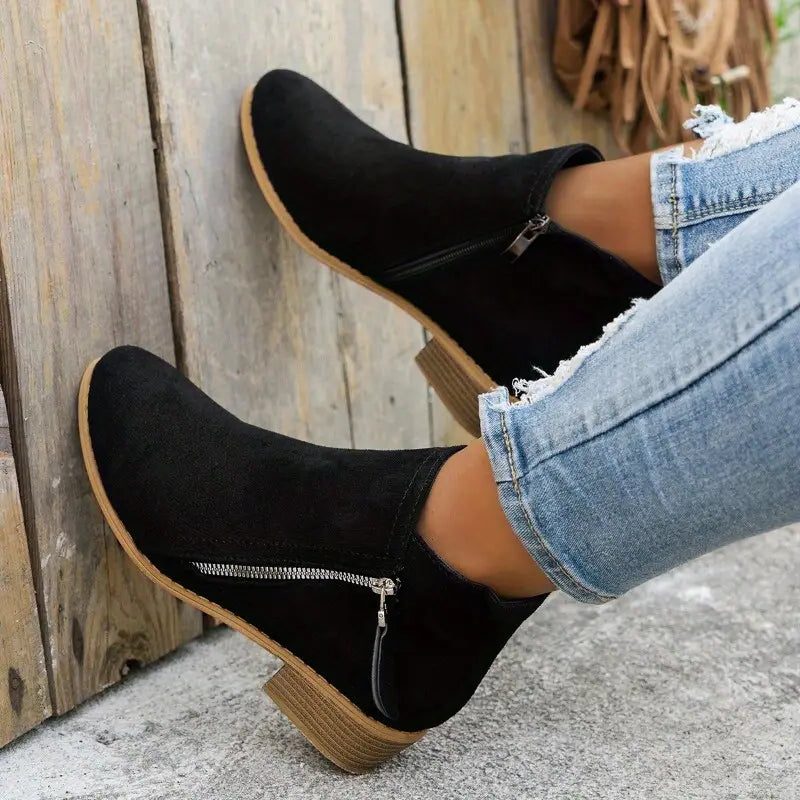 Damen Stiefeletten mit Reissverschluss und Blockabsatz - Schwarz