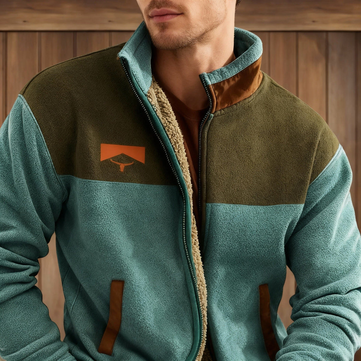 Fleece-Colorblock Jacke mit Stehkragen für Herren