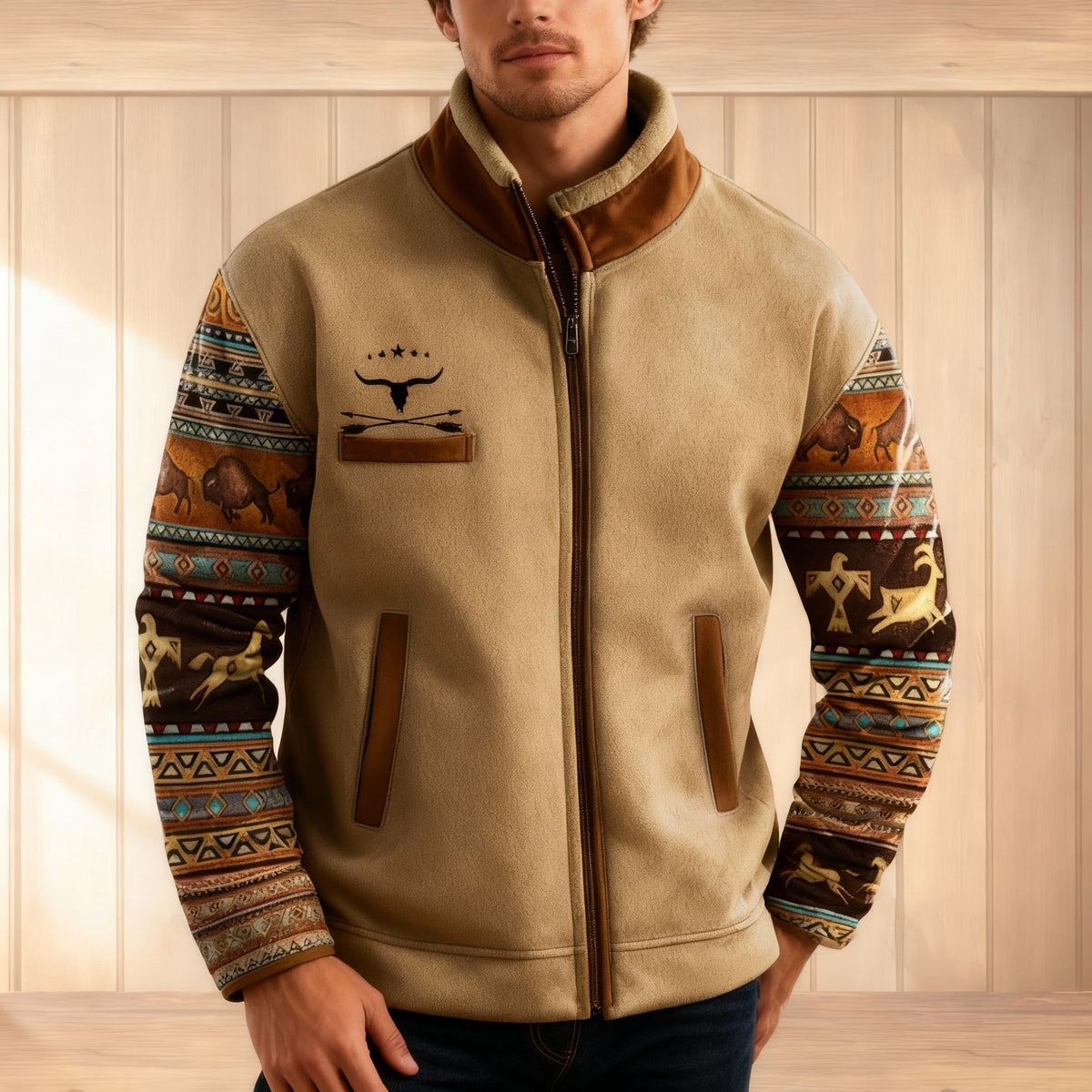 Fleece-Colorblock Jacke mit Stehkragen für Herren - Braun 2