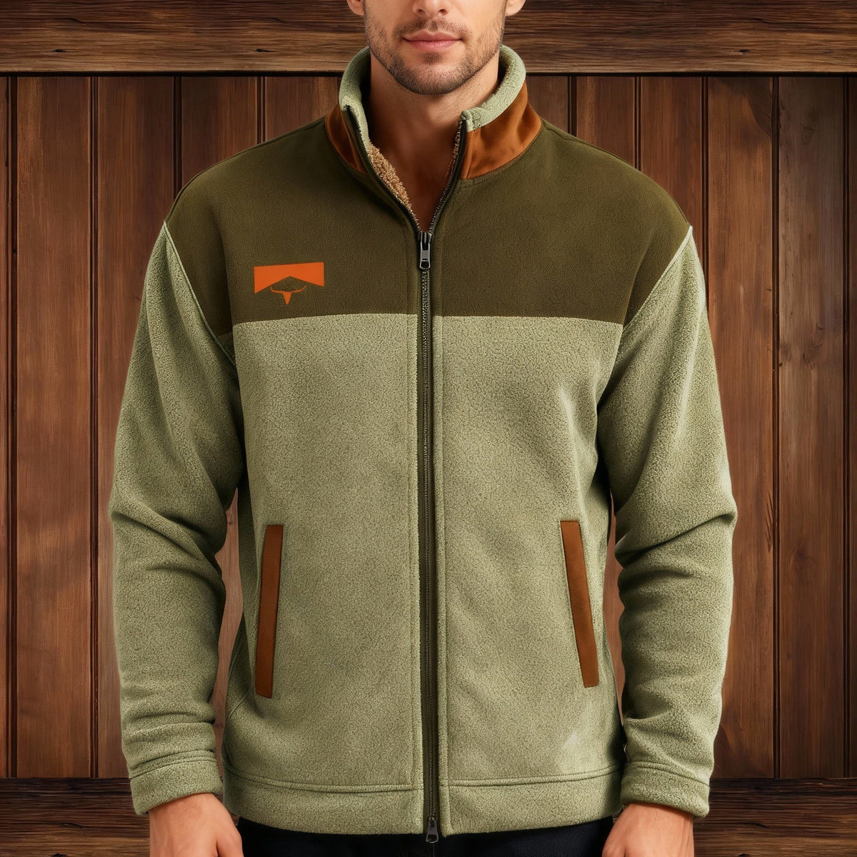 Fleece-Colorblock Jacke mit Stehkragen für Herren - Grün