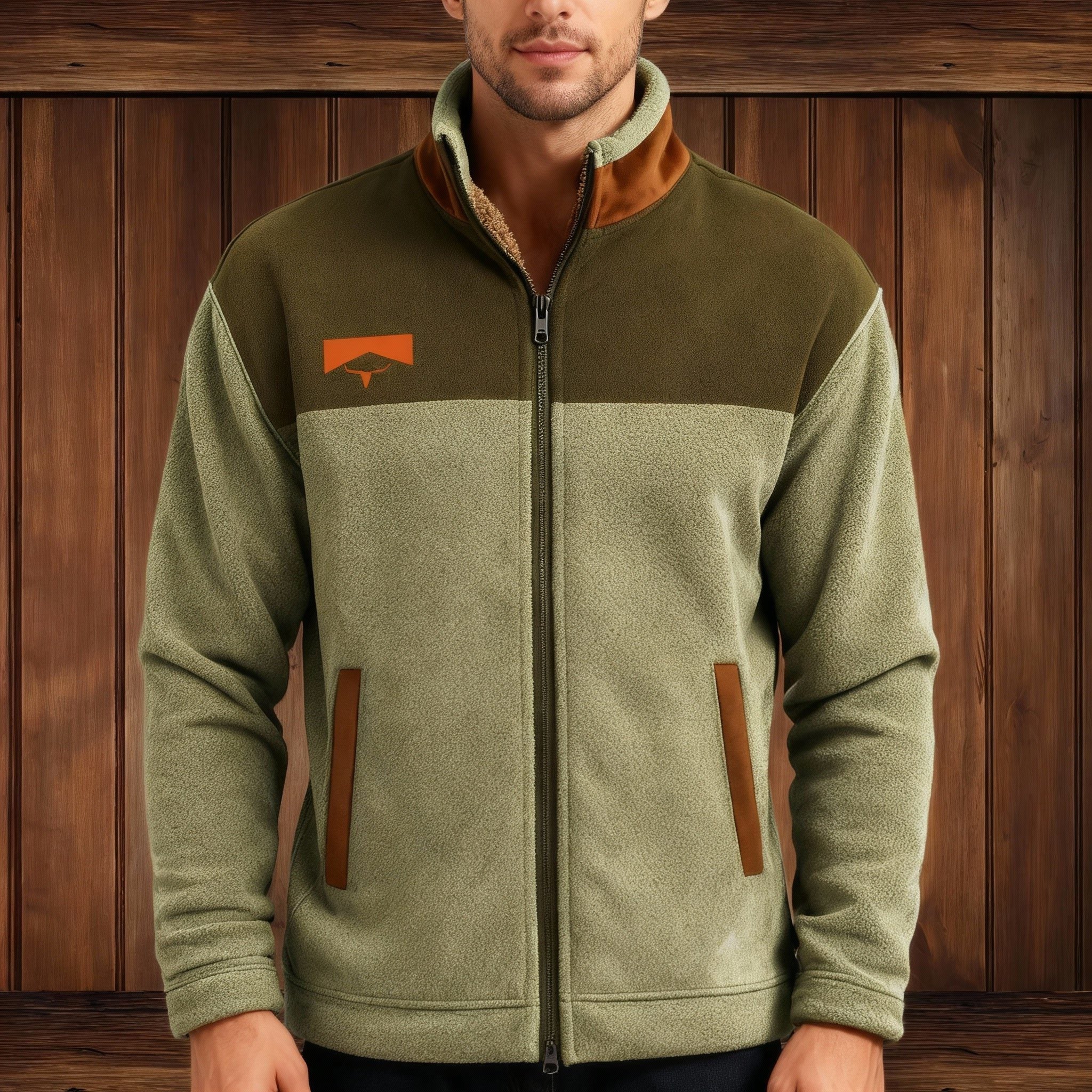 Fleece-Colorblock Jacke mit Stehkragen für Herren - Grün