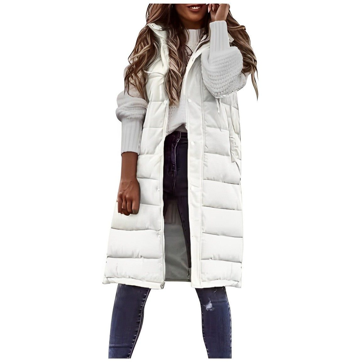 Damen Langer Steppmantel mit Reissverschluss - Weiss