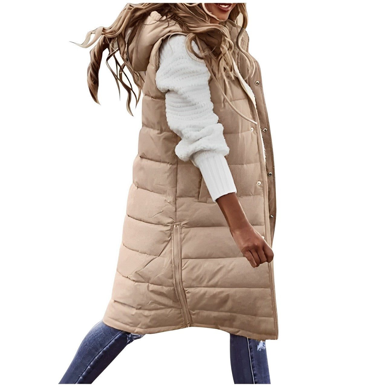 Damen Langer Steppmantel mit Reissverschluss - Khaki