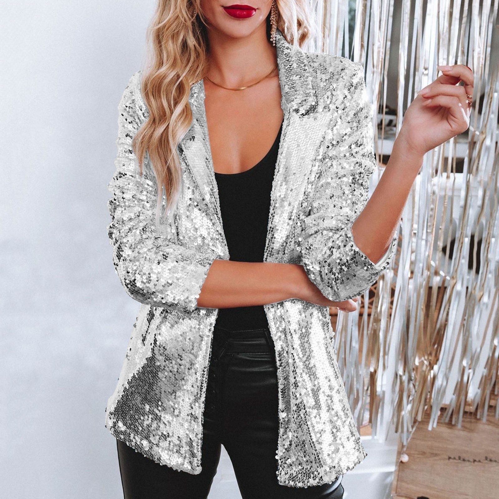 Damen Pailletten-Blazer mit Reverskragen - Silber