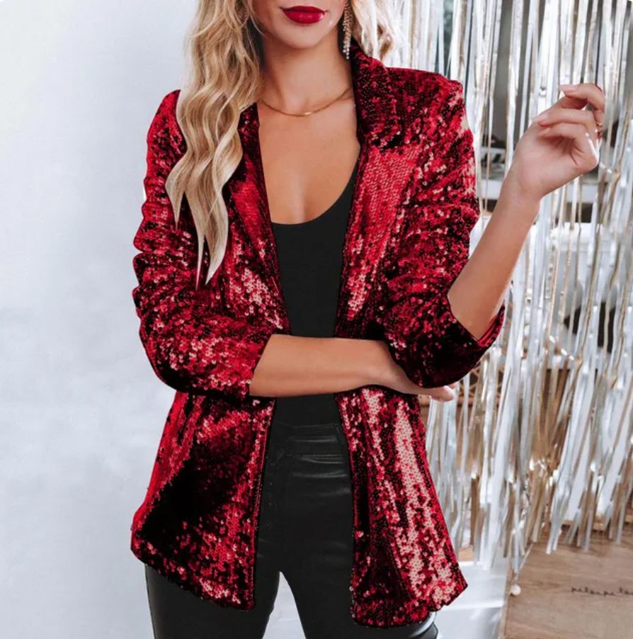 Damen Pailletten-Blazer mit Reverskragen - Rot