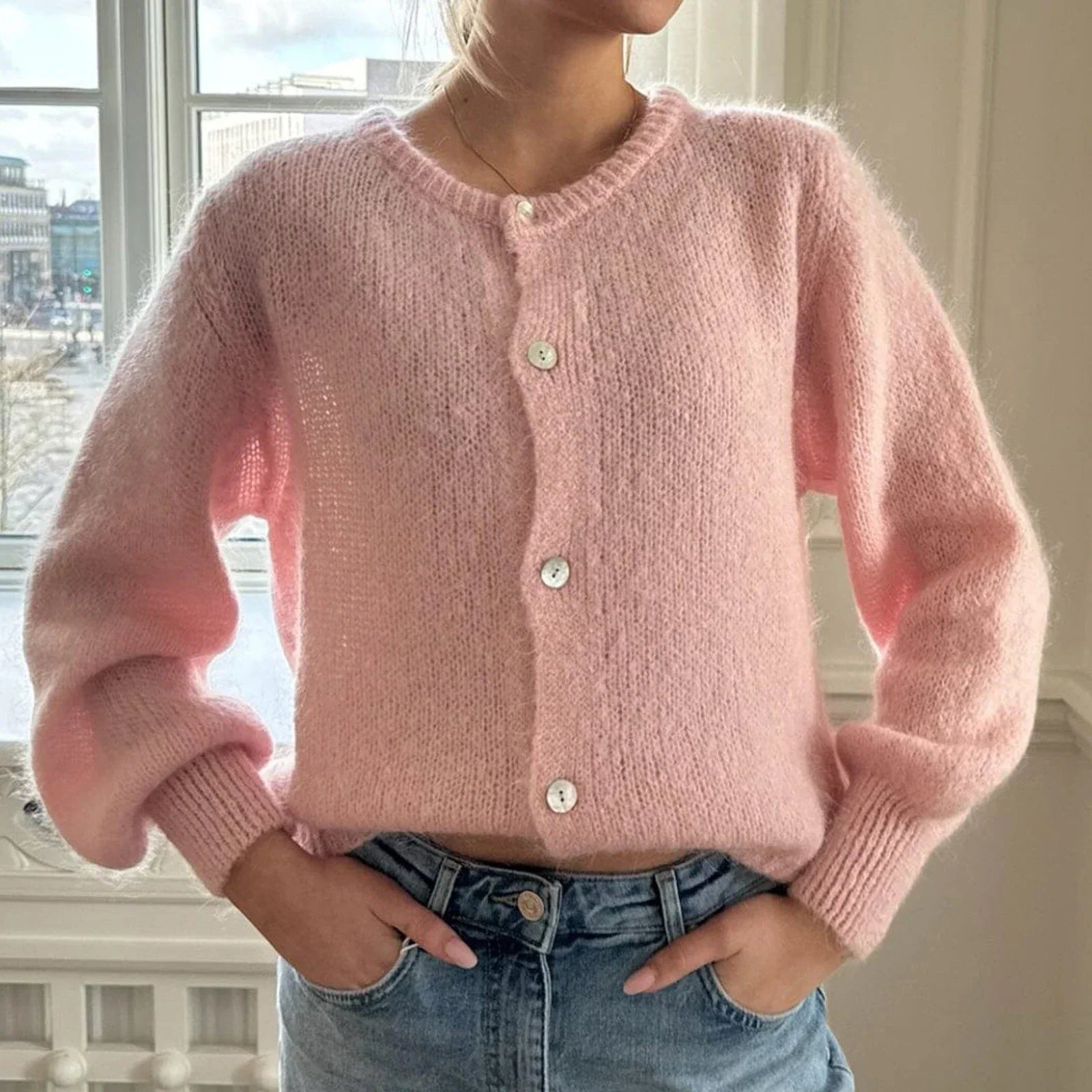 Damen Cardigan mit Langen Ärmeln und Knopfleiste - Rosa
