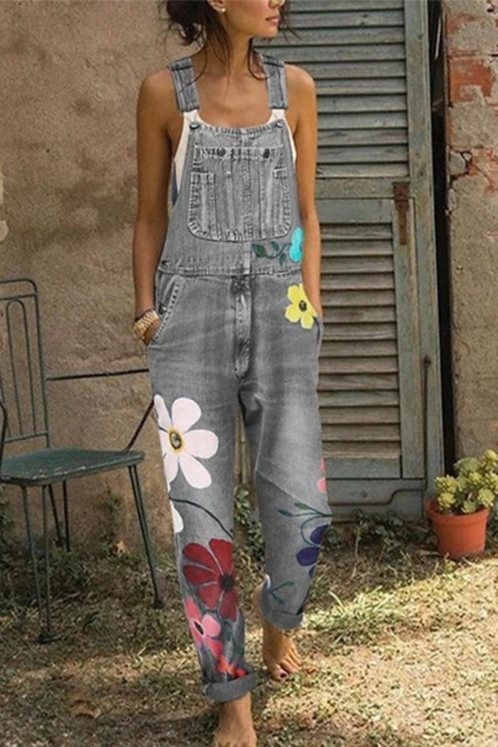 Damen Ärmellos Blumenmuster Latzhose