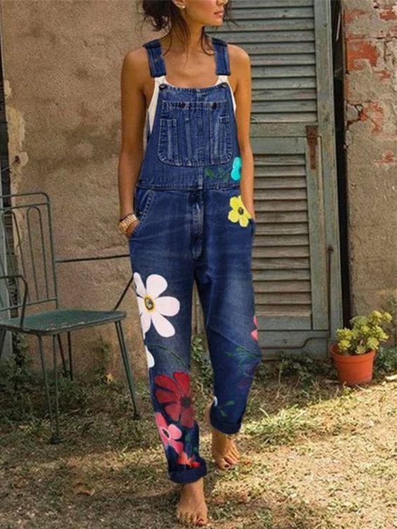 Damen Ärmellos Blumenmuster Latzhose - Dunkelblau