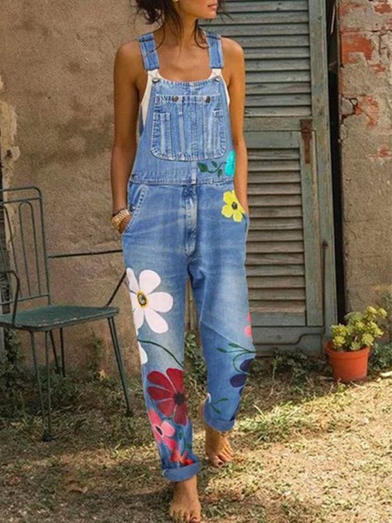 Damen Ärmellos Blumenmuster Latzhose - Hellblau