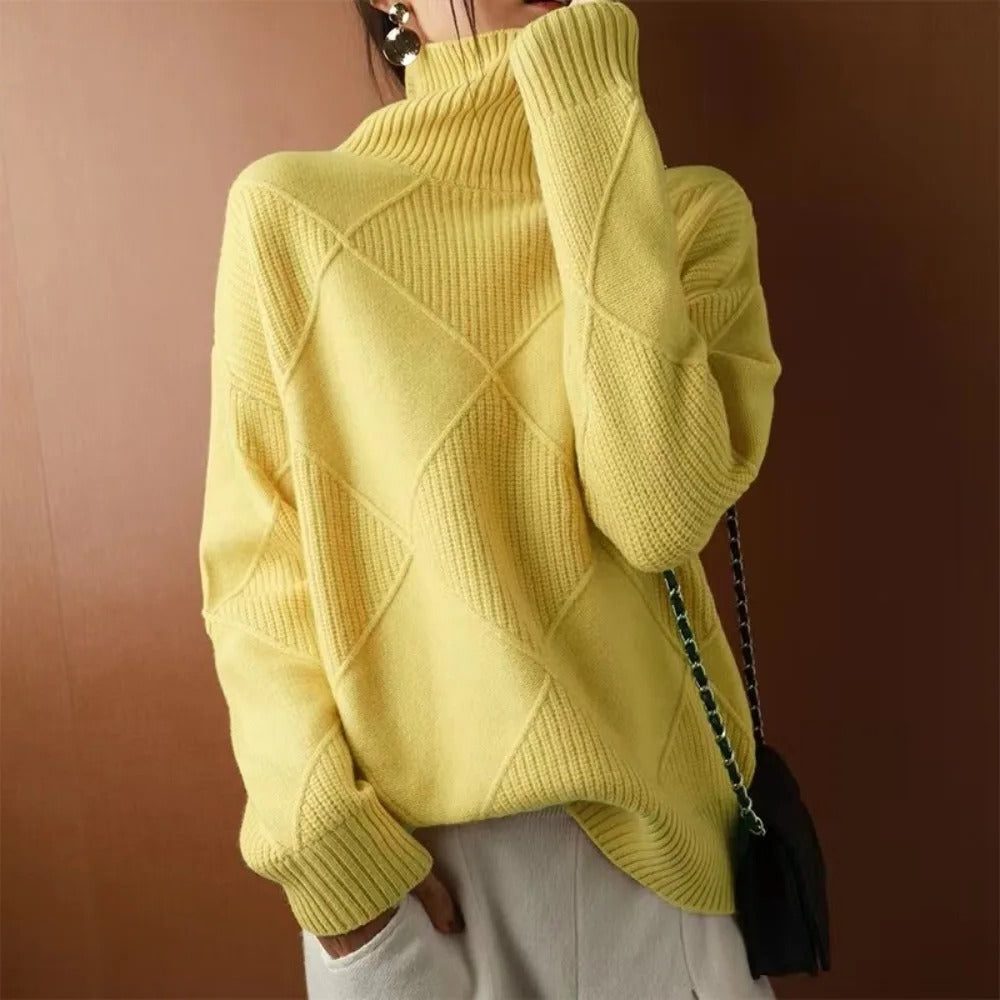 Damen Rollkragenpullover mit Rippstrick und Rauten-Muster
