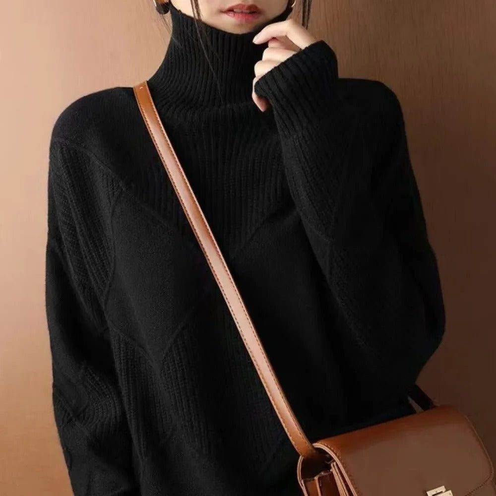 Damen Rollkragenpullover mit Rippstrick und Rauten-Muster - Schwarz