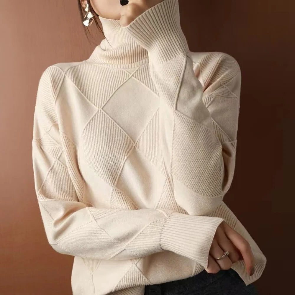 Damen Rollkragenpullover mit Rippstrick und Rauten-Muster - Beige
