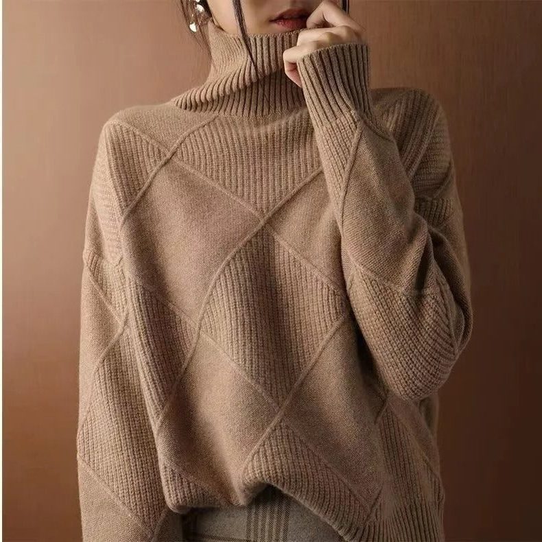 Damen Rollkragenpullover mit Rippstrick und Rauten-Muster - Braun