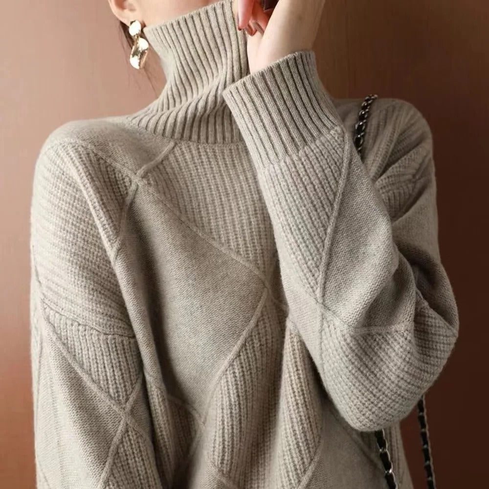 Damen Rollkragenpullover mit Rippstrick und Rauten-Muster - Khaki