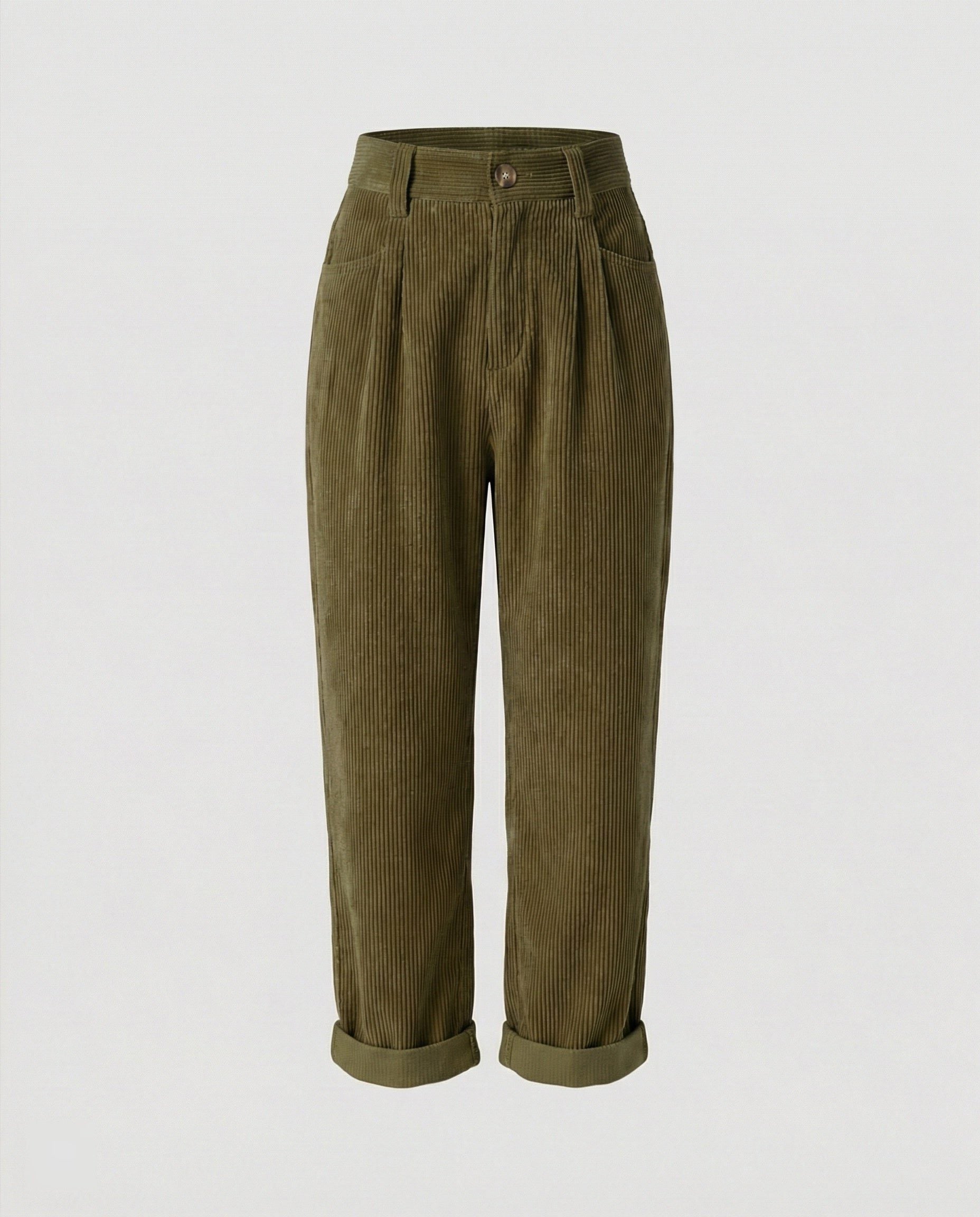 Damen Cordhose mit Hoher Taille und Breitem Bein - Grün