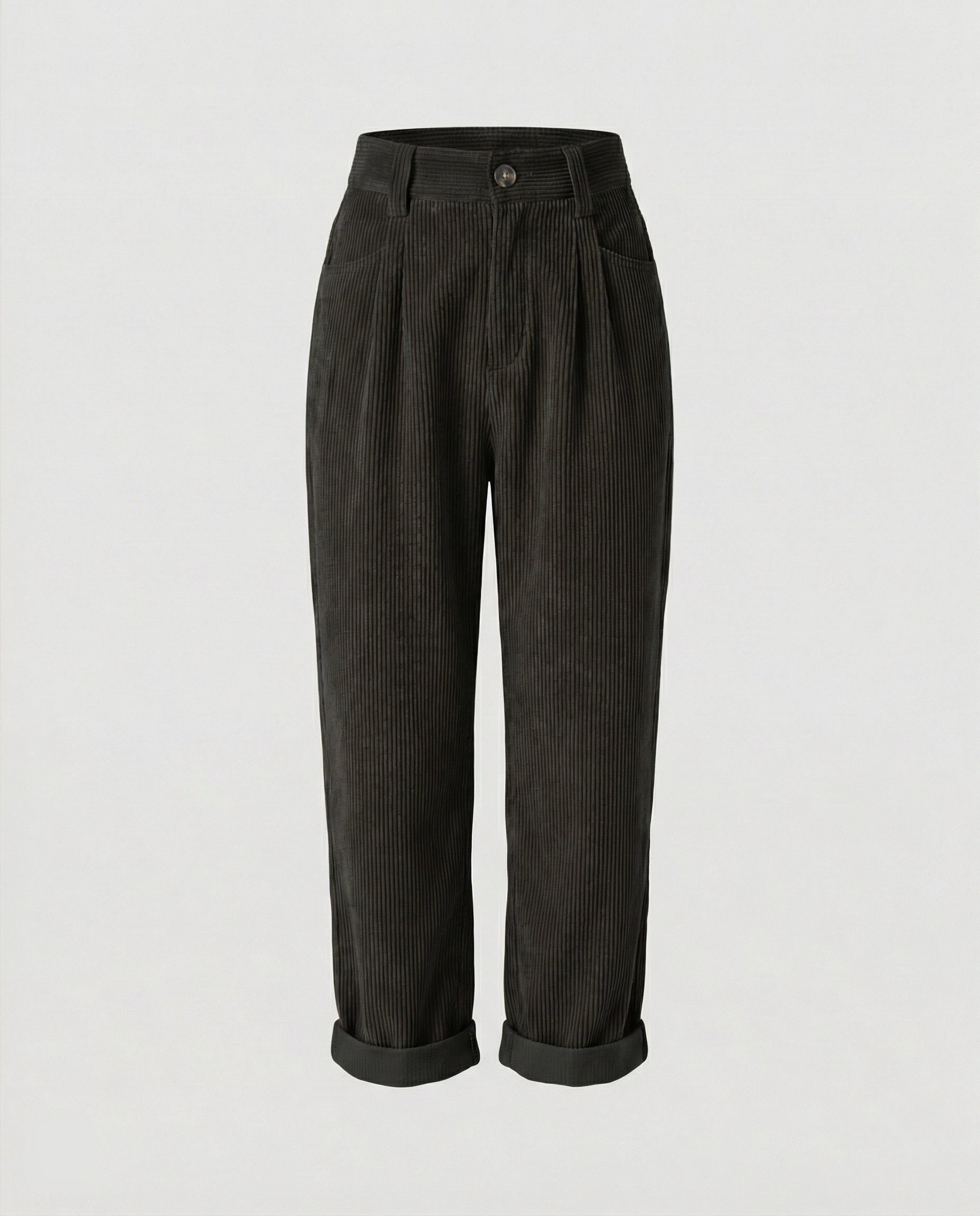 Damen Cordhose mit Hoher Taille und Breitem Bein - Schwarz