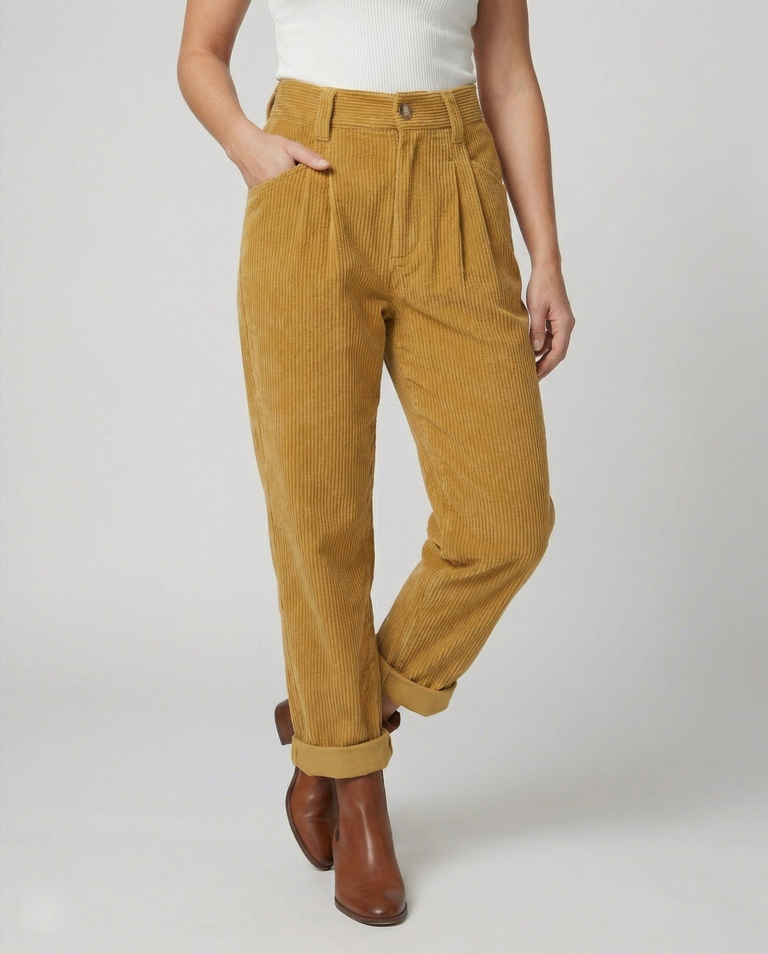 Damen Cordhose mit Hoher Taille und Breitem Bein