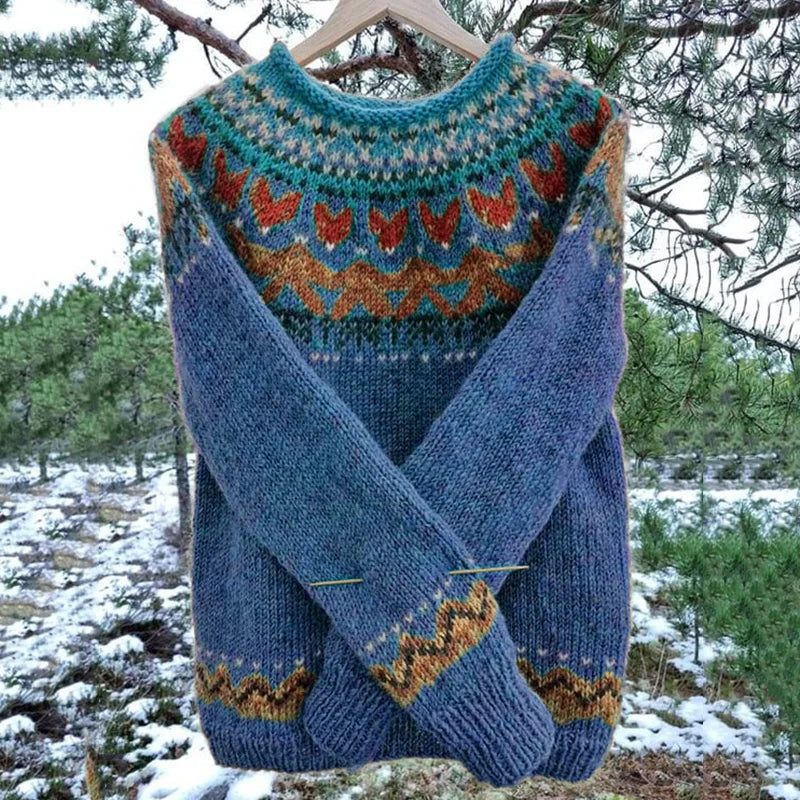 Damen Rundhalspullover mit Norweger-Muster Strickpullover - Blau