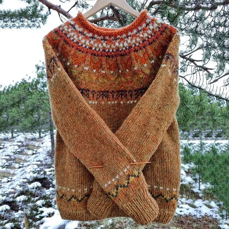 Damen Rundhalspullover mit Norweger-Muster Strickpullover - Braun