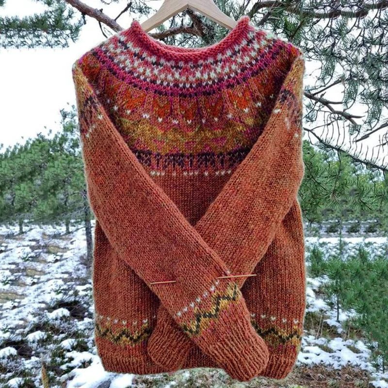 Damen Rundhalspullover mit Norweger-Muster Strickpullover - Rot