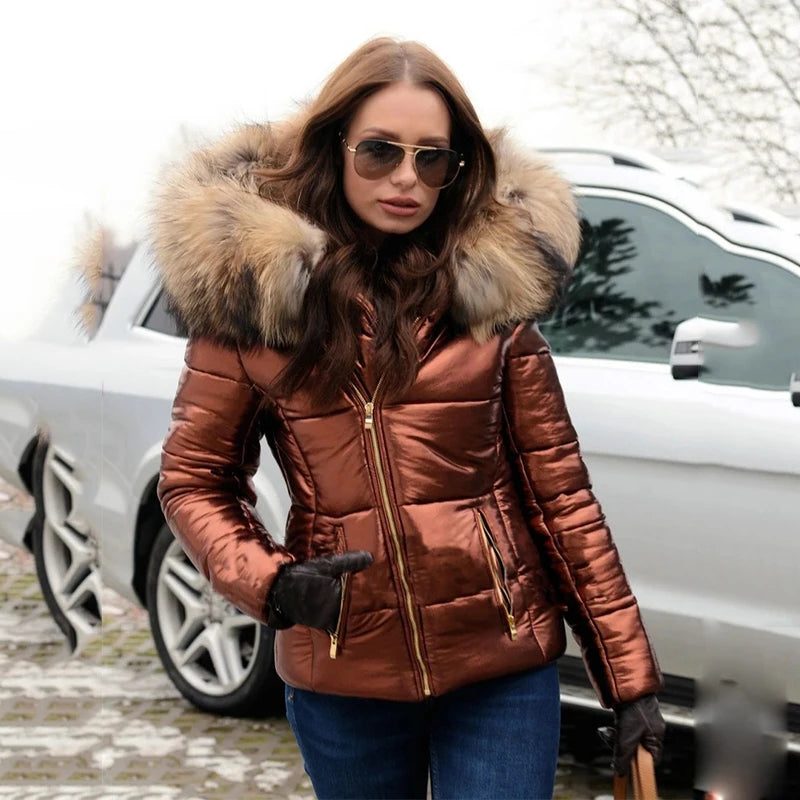 Damen Winterjacke mit Kapuze und Kunstfellkragen